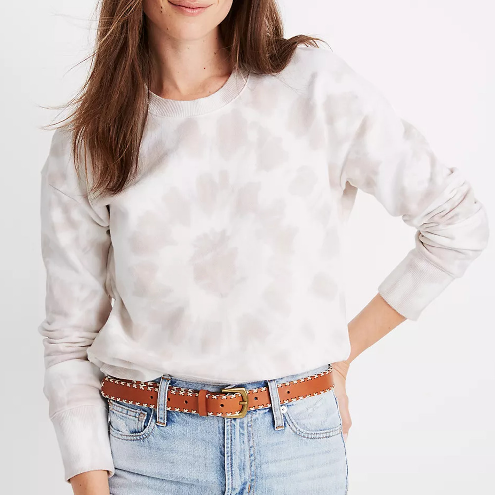 Madewell Sweatshirt Small White Beige Tie-Dye Crop Crew Long Sleeve Sweater